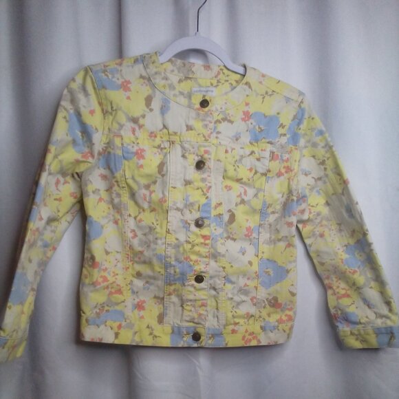 Liz Claiborne Denim Jacket Petite S Long Sleeve Button Up Floral Yellow Blue - Picture 1 of 16